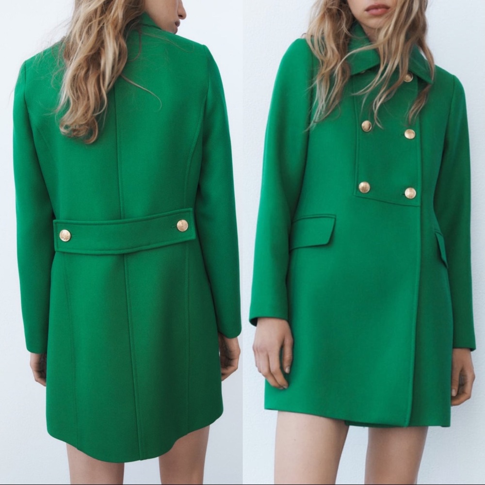 Zara tailored coat with gold buttons, green